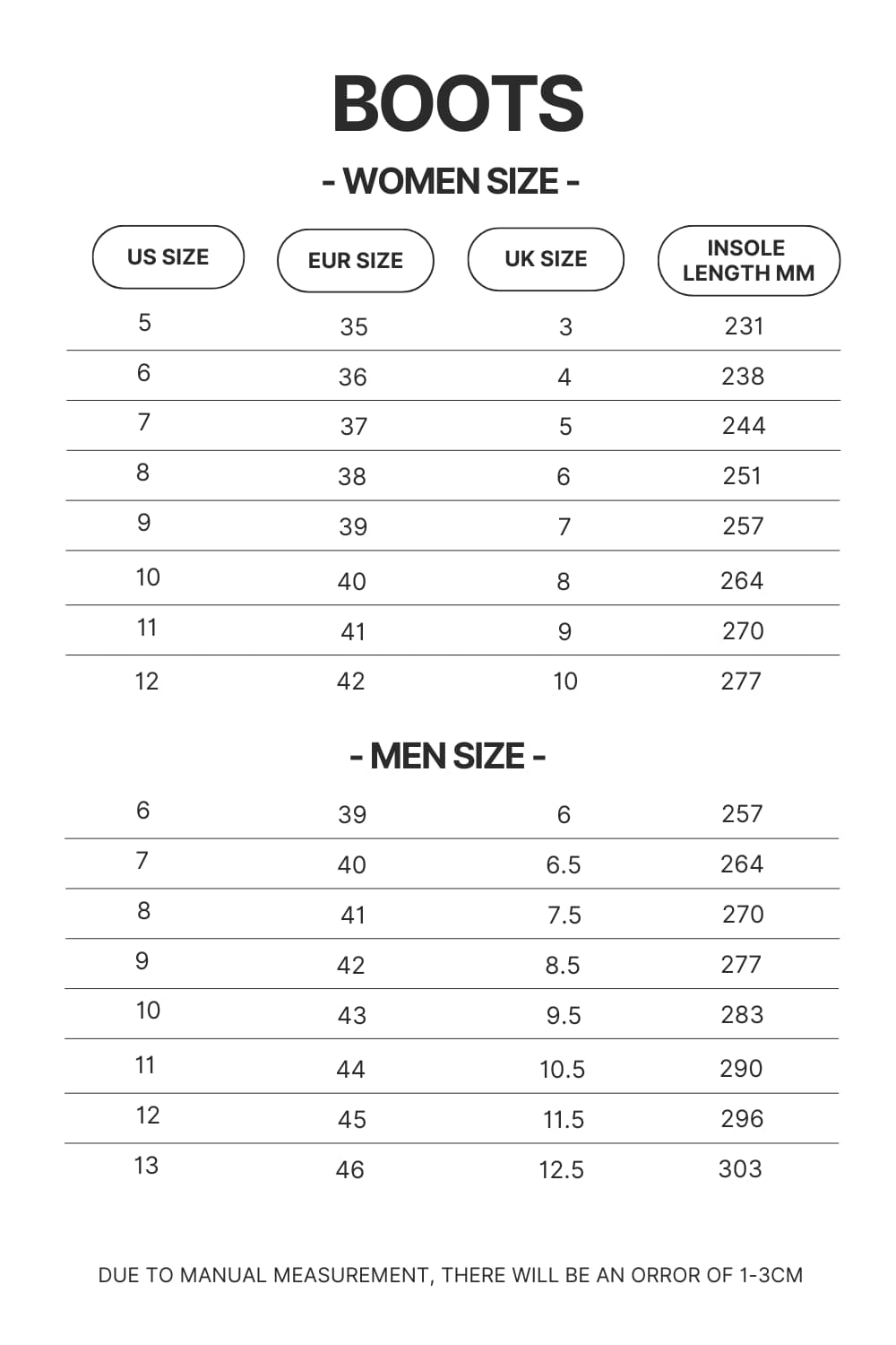 Boots Size Chart - Iron Maiden Shop