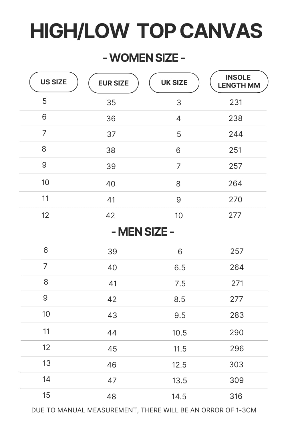 High Top Low Top Canvas Shoes Size Chart - Iron Maiden Shop